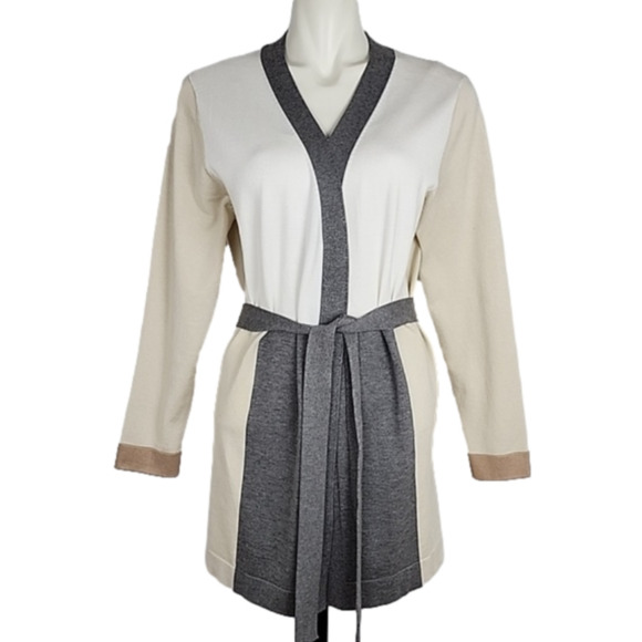 Vila Milano Open Front Belted Long Cardigan  Geometric Beige Grey Size Large - Picture 1 of 14
